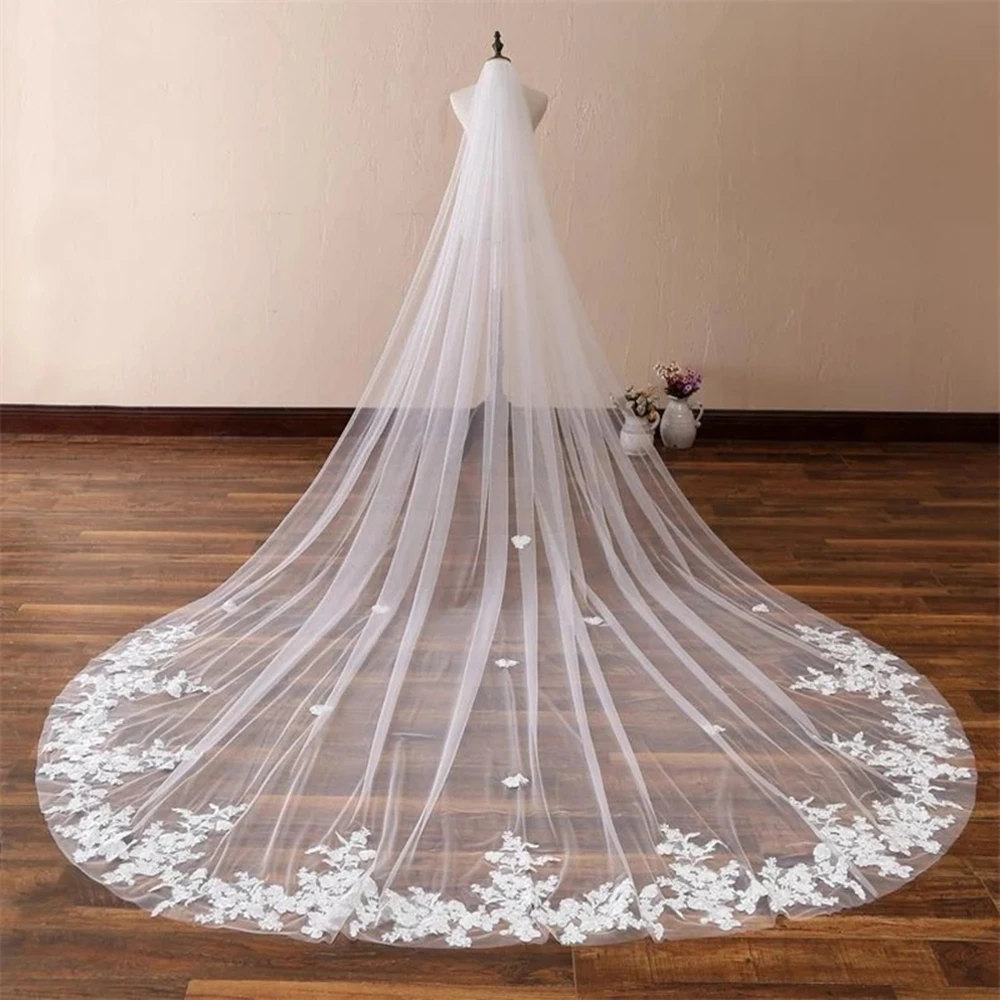 Voile de mariage à une couche avec peigne, bord en dentelle blanche, voiles pour patients, appliques ivoire, voile de mariage cathédrale, photo réelle, 3m