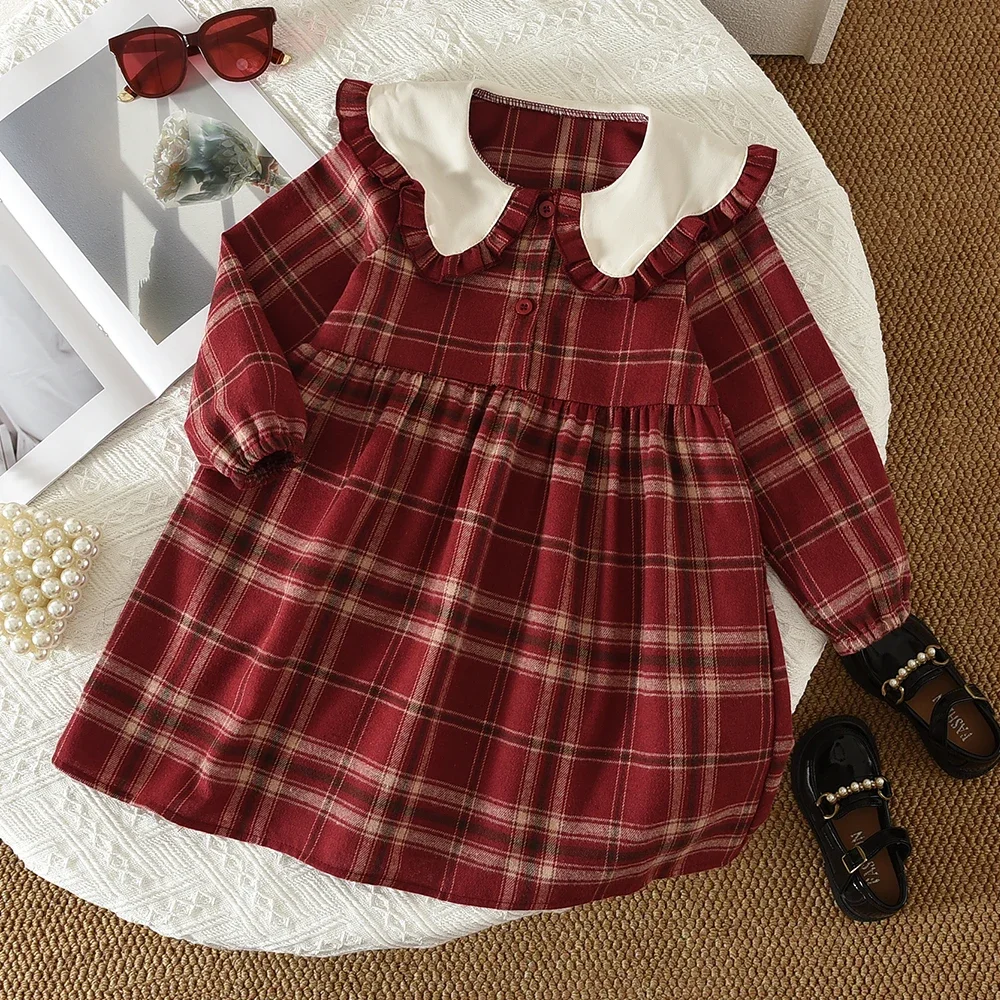 3-7 Years Old Wine Red Checkered Printed Korean Version Girls' Dresses Spring and Autumn Long Sleeved Lapel Sweet Princess Dress