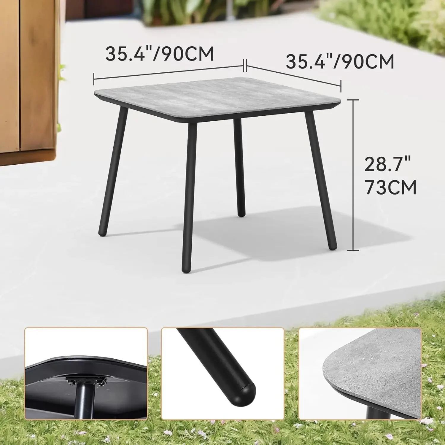 Square Metal Outdoor Dining Table for Outside Patio, Marble Look Top