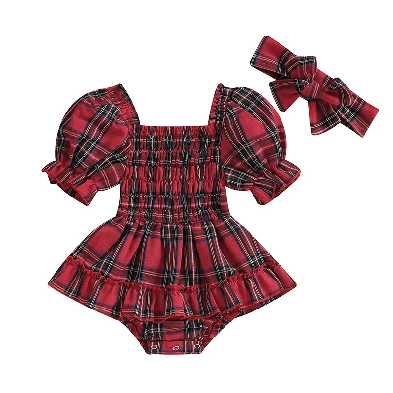 Infant Baby Girls Christmas Romper Dress Plaid Print Short Puff Sleeve Square Neck Jumpsuit Bow Headband