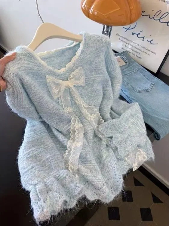 

Корейский синий свитер с кружевными вставками и узлом, женский, для ранней весны, элегантный вязаный топ, модный, с длинными рукавами, из шерстяной смеси
