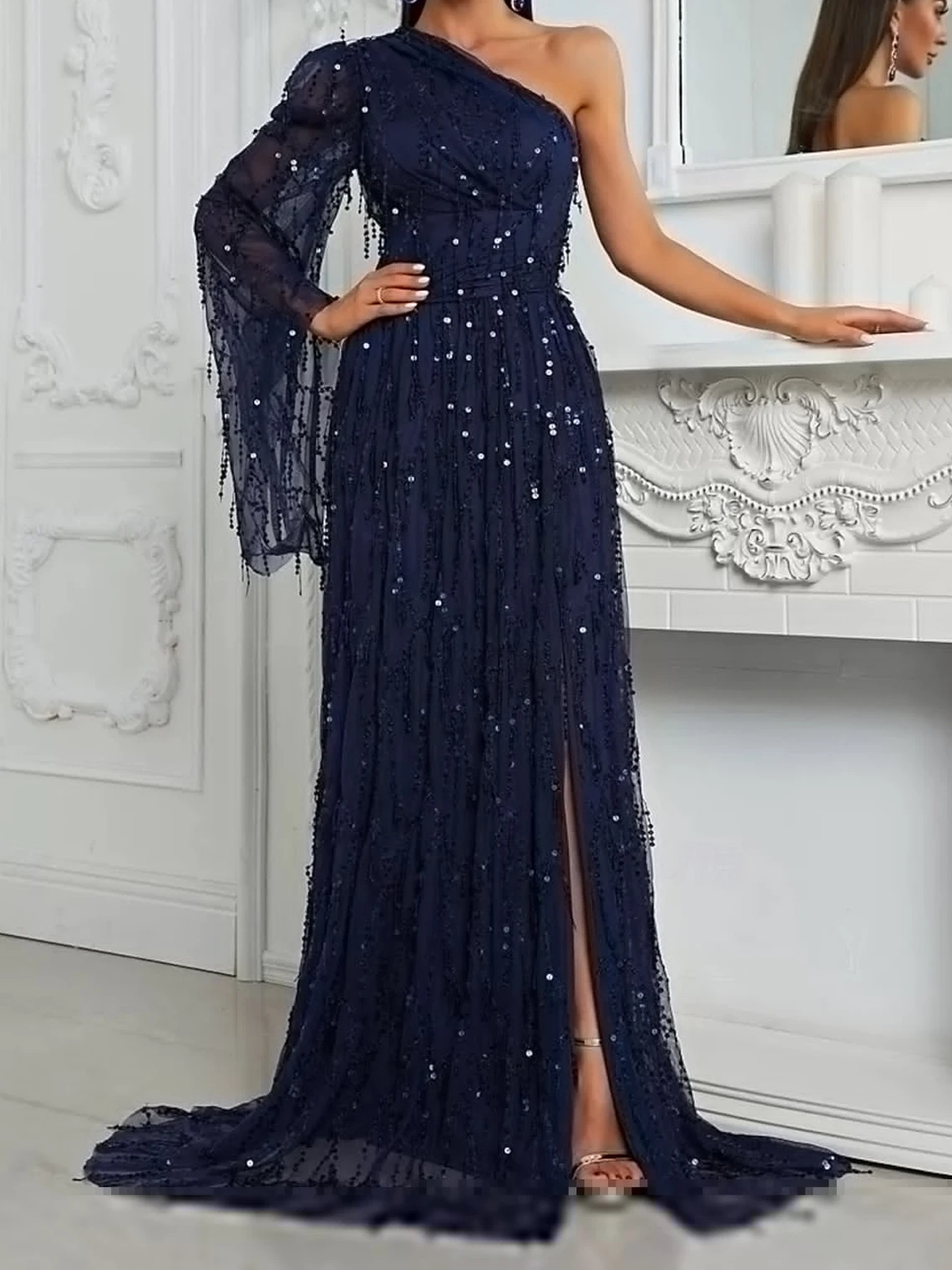 

Elegant A-Line Evening Dress One Shoulder Sleeveless Sequin Tassel Sweep Train Organza Wedding Guest Dress 2025 free customized