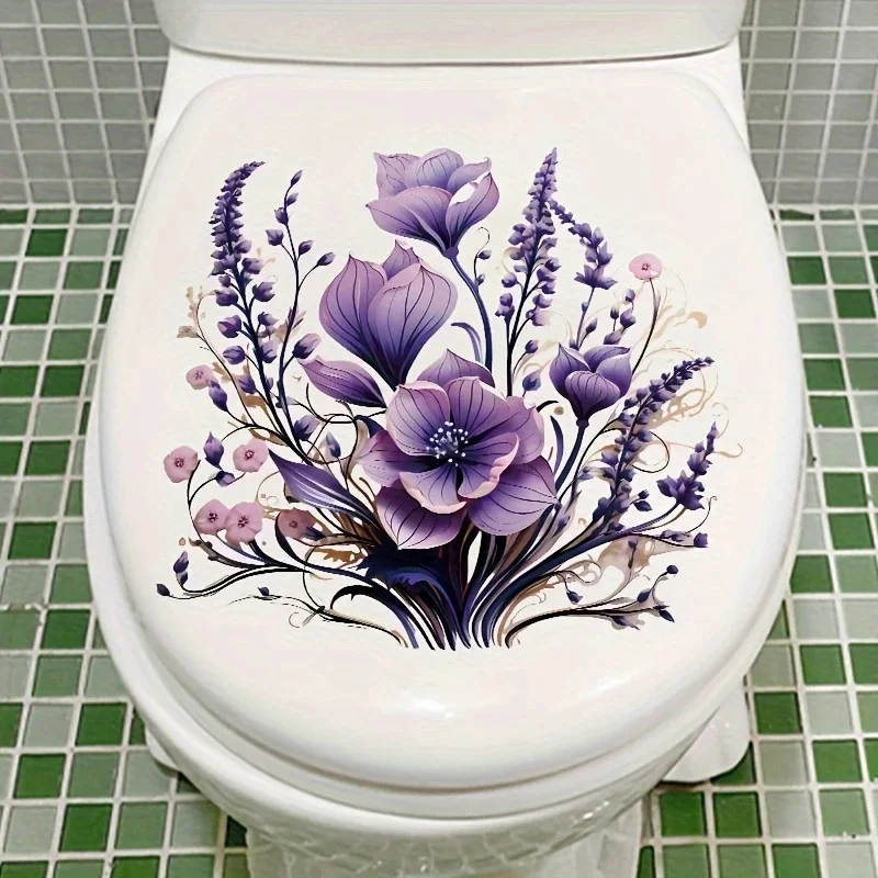 MT1315# Purple Flower Waterproof Self-adhesive Toilet Sticker, Self-adhesive Bathroom Home Decoration Wall Sticker,