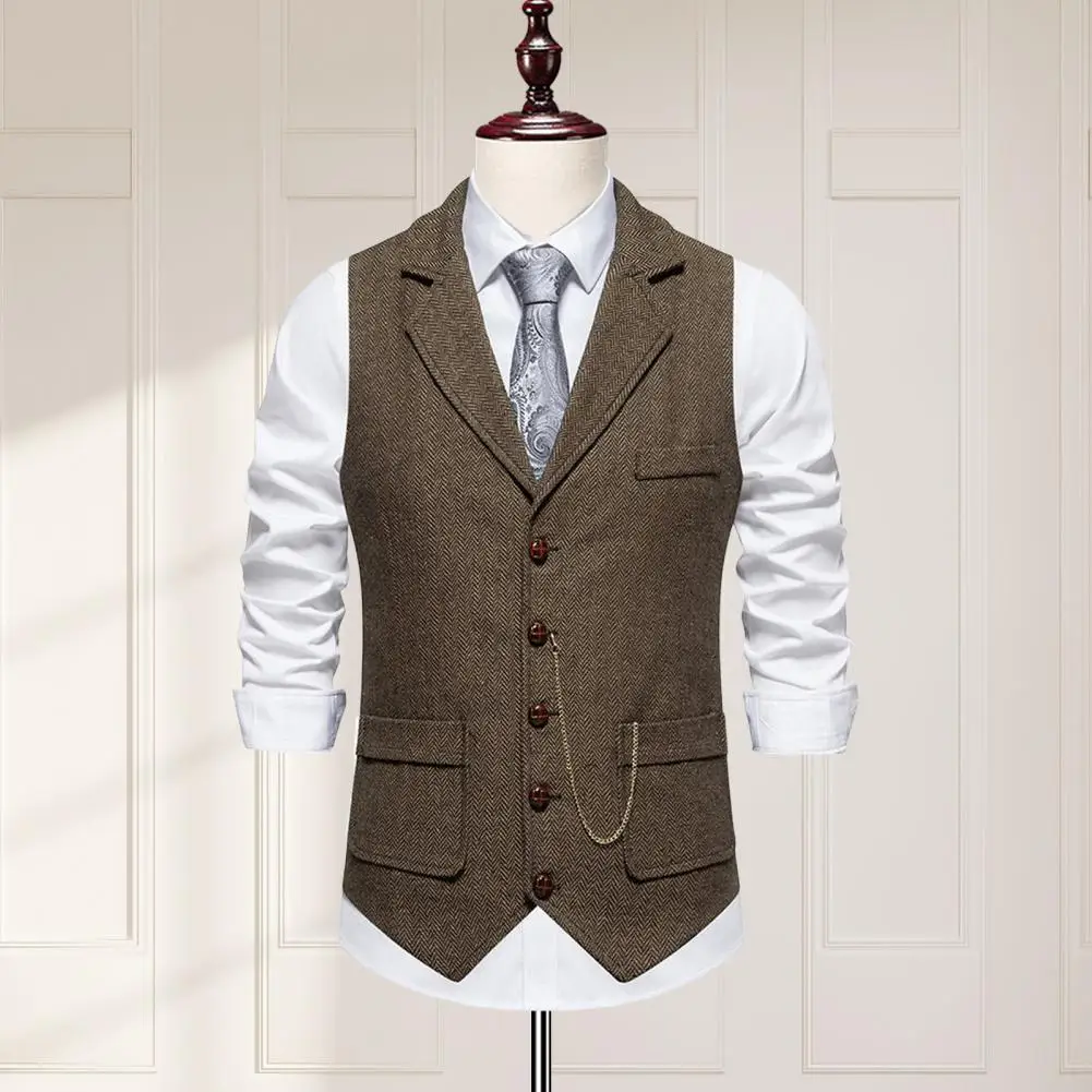 Men Suit Waistcoat Lapel Sleeveless Business Suit Vest Solid Color Slanted Hem 3D Pockets Chain Decoration Waistcoat Жилет 조끼