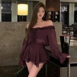 Onalippa Slash Neck Chiffon Summer Dress Wood Ear Hem Drawstring Mini Dresses Flare Sleeves Pure Design Wind High Waist Blouse