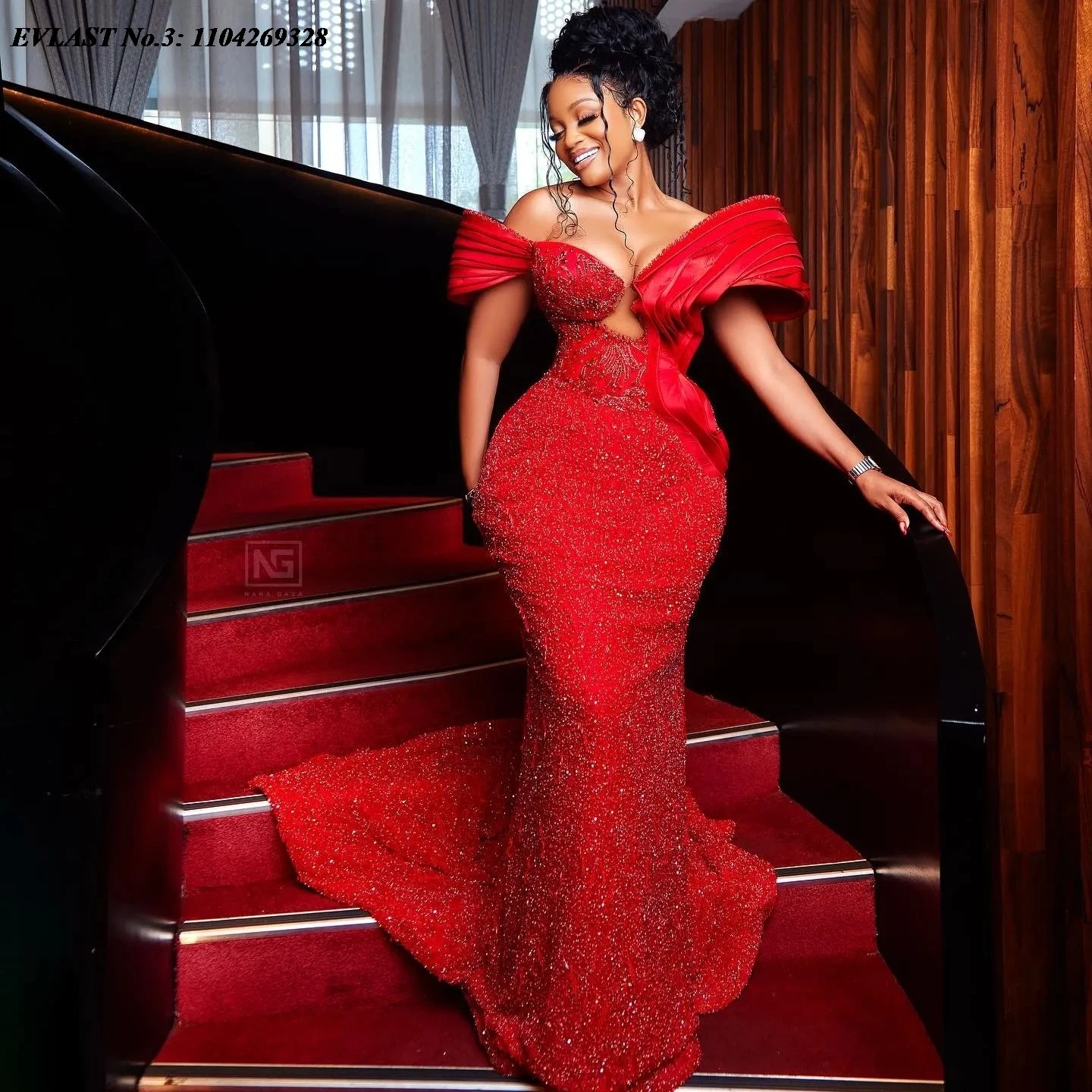 

EVLAST индивидуальное платье для выпускного вечера Aso Ebi с красными блестками и аппликацией, расшитое кристаллами и бисером, африканское вечернее платье Robe De Soirée E3P467