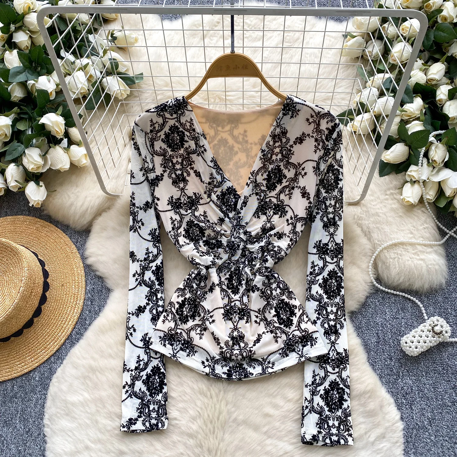 

Hotsweet Vintage Criss-Cross Elegant Long Sleeve Chic Top Korean Streetwear High Street Autumn Basics T-Shirts