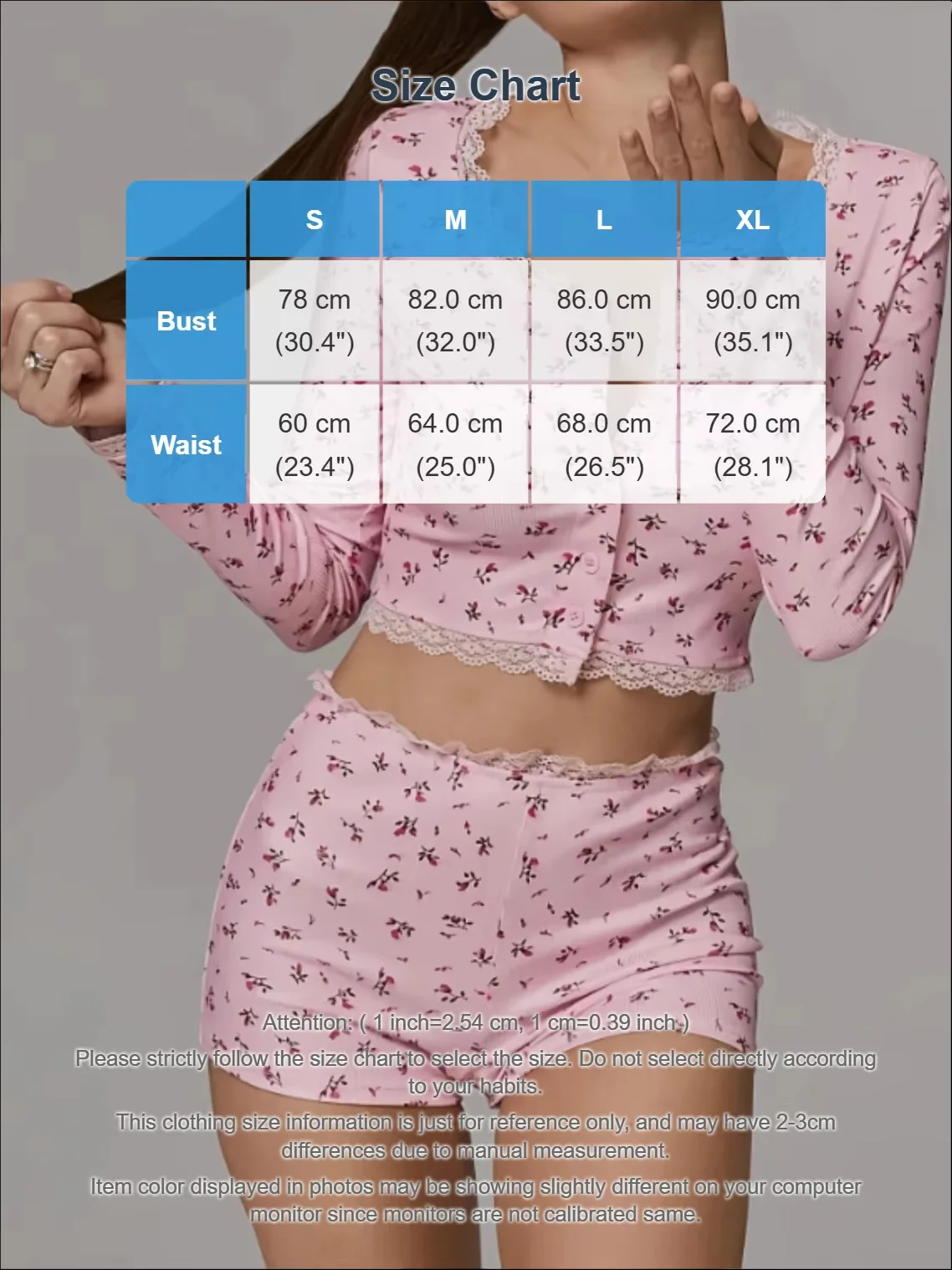 Sexy Damen-Pyjama-Set mit Blumenmuster, Sommer-Langarm-Oberteil und Shorts, 2-teiliges Schlafanzug-Set für Frauen, lässiger Skinny-Anzug für Zuhause – Detail 1