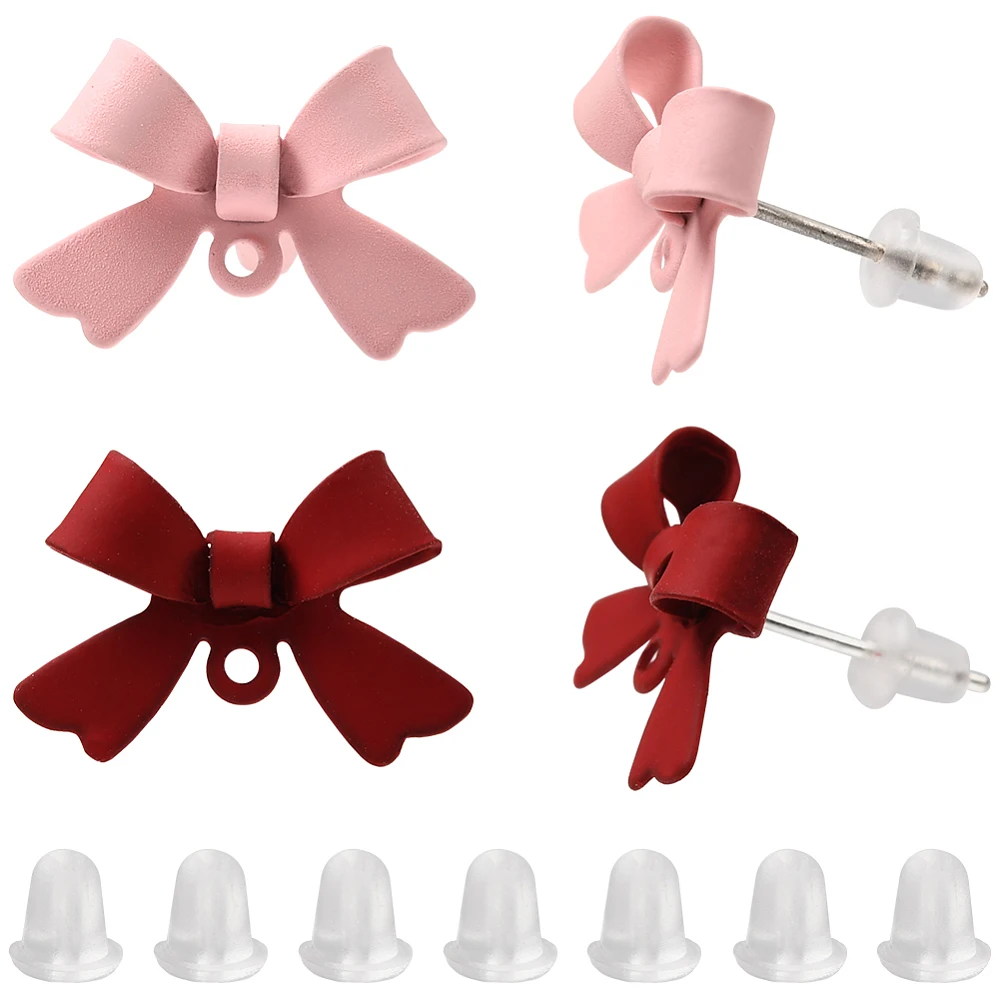 1Box 32Pcs Earrings Posts Alloy Pink Red Bowknot Stud Earring Findings with 925 Sterling Silver Pins and Loop for Jewelry Making