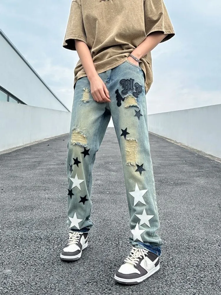 الخريف والربيع موضة جديدة الاتجاه الشارع خمر الرياضة المطبوعة الجينز الرجال عادية مريحة مستقيم الساق الجينز المرنة #2