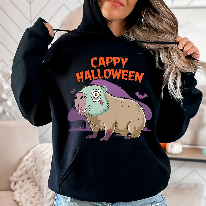 Cappy Capy Halloween Capybara Zombie Kawaii Printed Women's Autumn and Winter Hoodies Plus Velvet Sweater Loose Tops