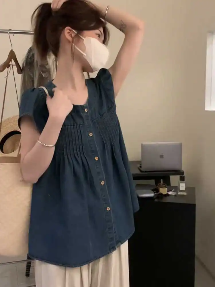 Lässiges, sommerliches, dünnes, lockeres Damen-Denim-Irt-Round-Ne-Plissee-Swe-Top, faionable, vielseitig einsetzbar, Fly Sve, atmungsaktiv