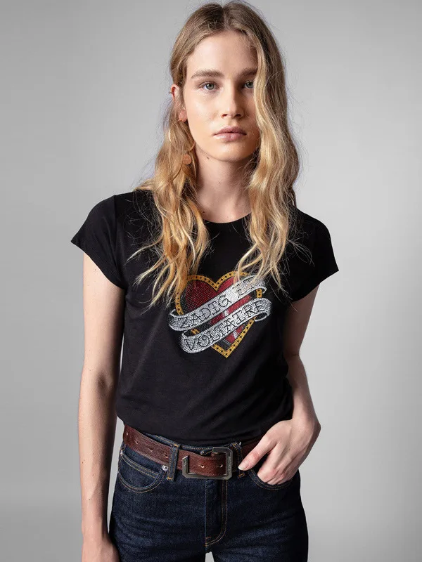 

Весна-лето, новая хлопковая круглая футболка Ne ort Sve, женская повседневная облегающая футболка со стразами и буквенным принтом Love Letter