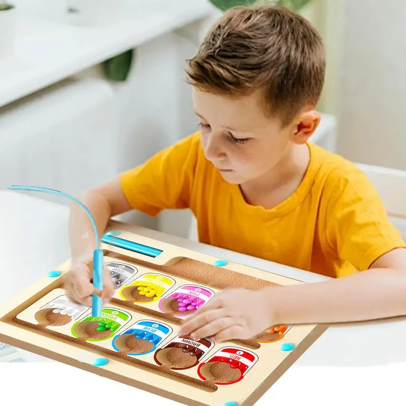 Magnetic Color Maze Early Education Puzzle Board Rainbow Beads Puzzle Puzzle Color Sorting Counting Toy Wooden Magnet Puzzles