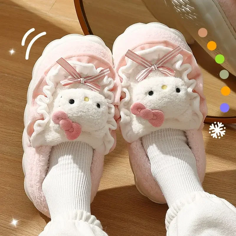 Sanrio Hello Kitty Kuromi Cinnamoroll Cotton Slippers Cartoon Cute Winter Indoor Home Slippers Thick Sole Keep Warm Cotton Shoes