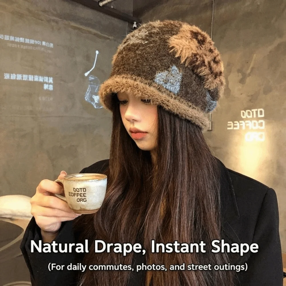 Ear Protection Muted Leopard Print Knit Hat Large Head Circumference Stretchy Vintage Hat 54-60CM Fuzzy Women Warm Cold Hat