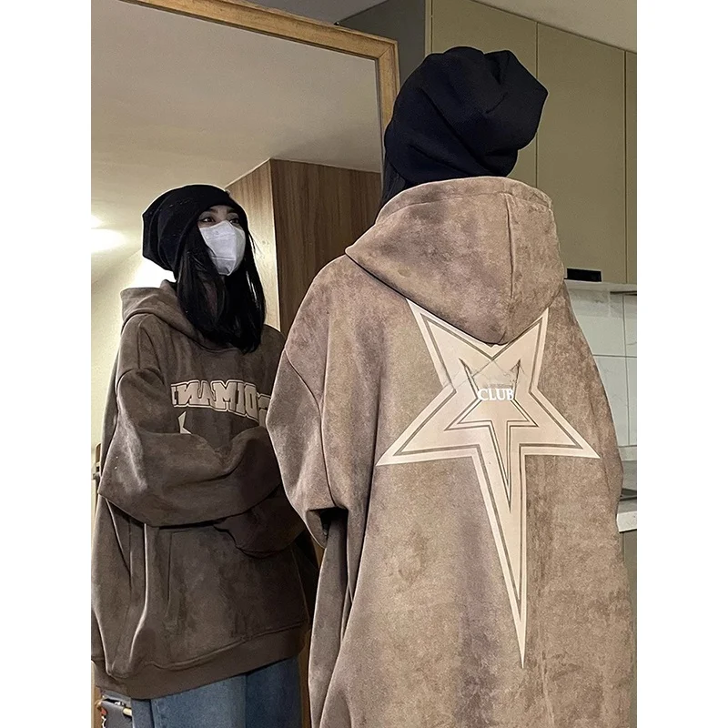 

Осенне-зимняя мужская толстовка оверсайз из замши в американском ретро-стиле, 300 г/м², модная, в стиле хип-хоп, плотная, свободного кроя, с принтом