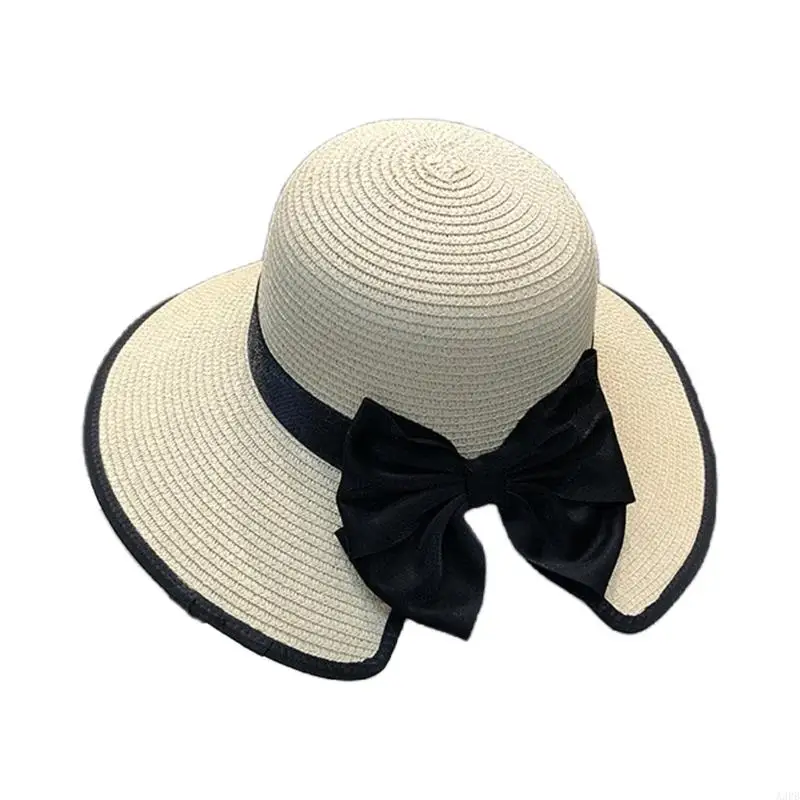 قبعة شمسية من القش قابلة للتنفس، تصميم أنيق على شكل فيونكة، قبعة واسعة الحواف للمناسبات الخارجية