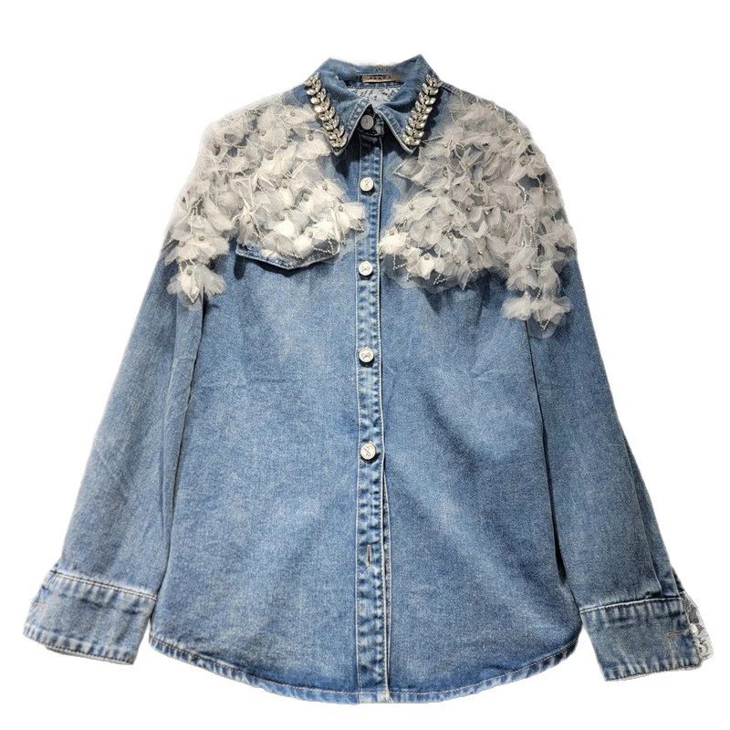 WTHT New Trendy Women's Spliced Lace Nail Beading Decoration Denim Shirt 2026 Spring Fashion Long Sleeves Blouse Female 1LS2976