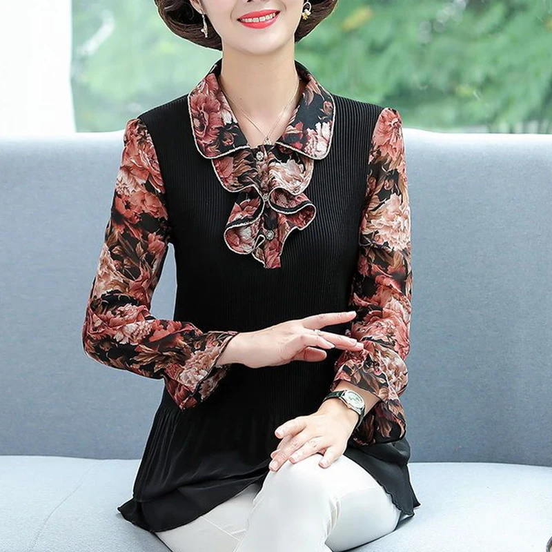 Dames Ruches Gelaaid Vintage Bloemenprint Blouses Lente Herfst Elegante Mode Slanke Shirts Dames Lange Mouw Tuniek Tops Blusa