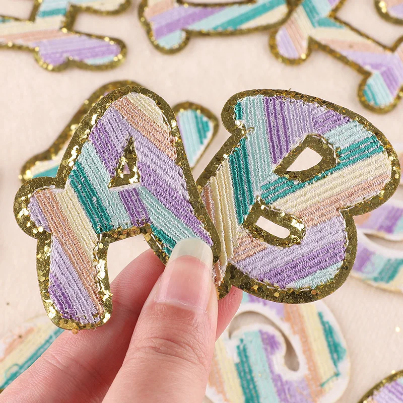 Striped Rainbow Color Letters Embroidered Iron On Patch Applique Diy Name Badge Alphabet Patches For Clothing Bag Accessories