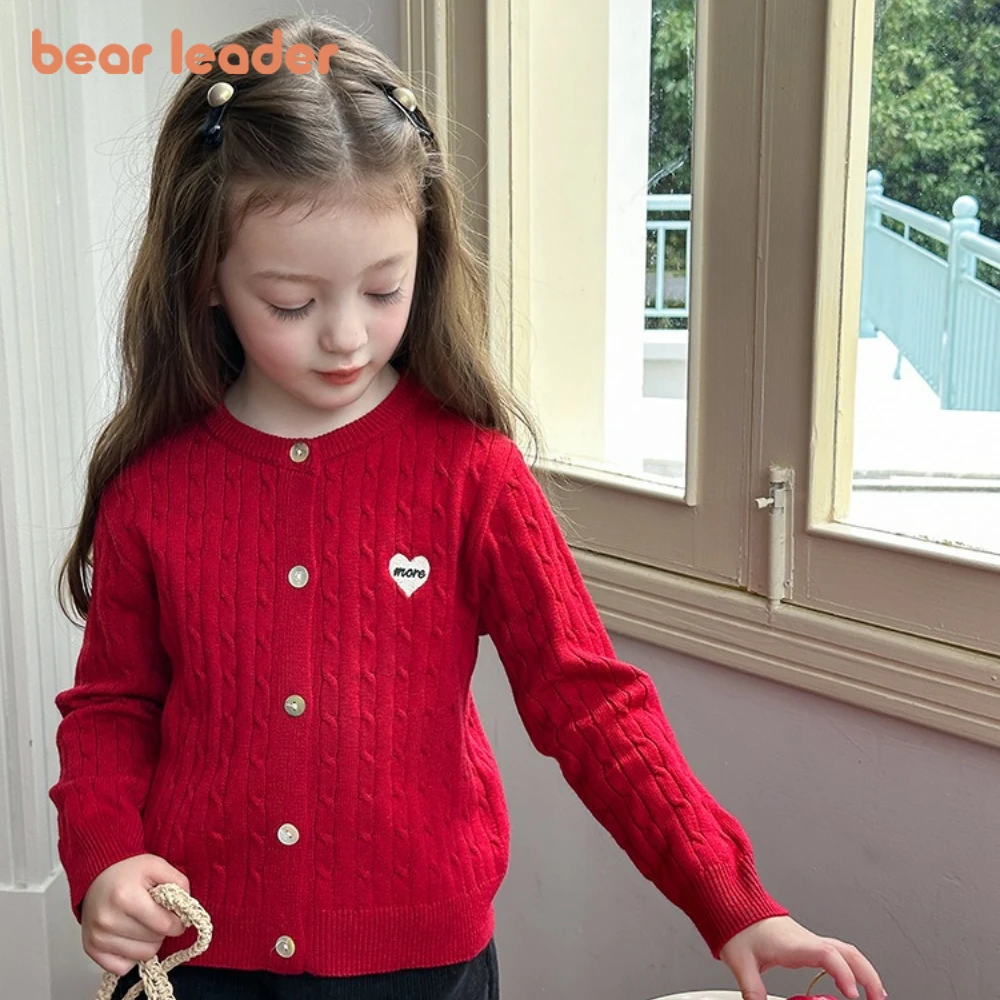 

Bear Leader Korean Version Girls Sweater Autumn Love Knitted Cardigan Jacket Fashionable New Long Sleeved Children's Clothing