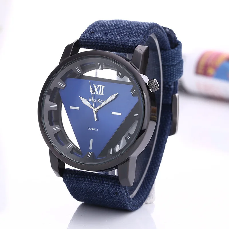 UTHAI CQ155 Fashion Triangle Double sided Hollow Men watch Cowboy Canvas Strap Watch Quartz Watch Clock Gift watches for man
