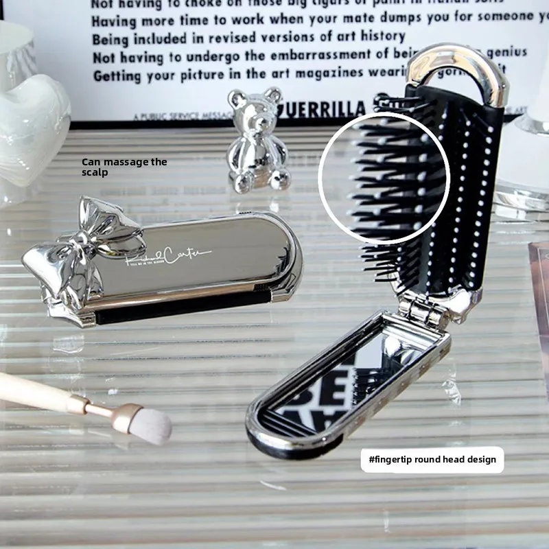 Silberne Schleifenförmige Faltbare Haarbürste mit Eingebautem Spiegel, 180 ° Tragbarer Mini-Taschenmassagekamm für Frauen, zum Mitnehmen beim Outdoor-Make-up – Detail 3