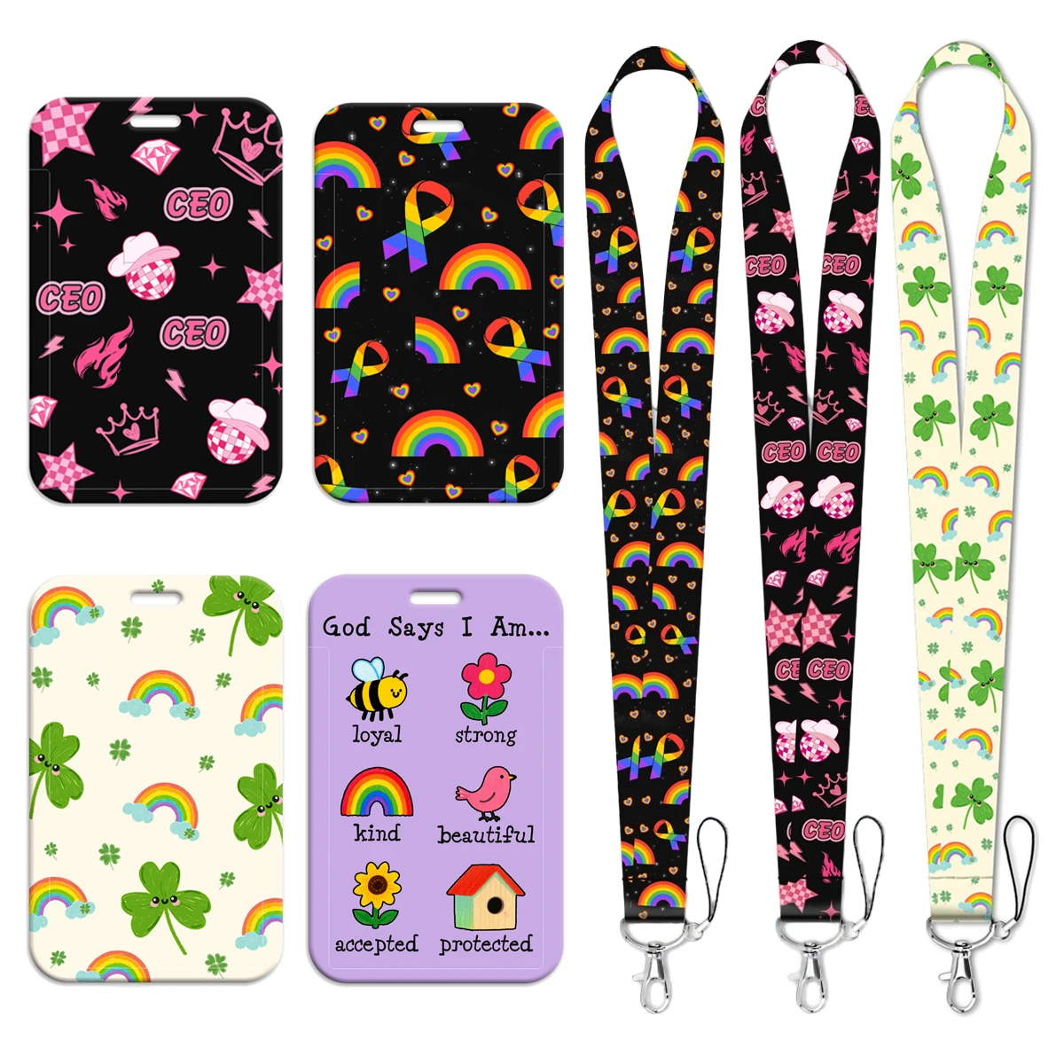 Lindo Porta Tarjetas Colorido con Correa para el Cuello, Cordón Arcoíris Rosa para Tarjetas de Identificación, Porta Credenciales con Cordón para Llaves y Accesorios