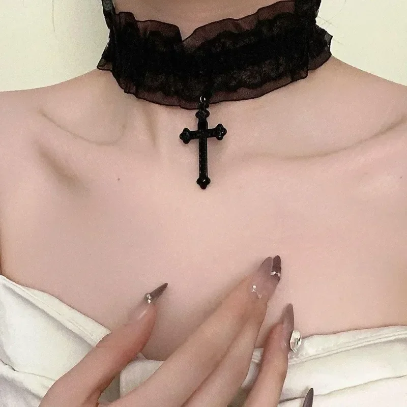 Black Ruffled Tulle Lace Choker Necklace Vintage Black Cross Pendant Gothic Dark Lolita Punk Aesthetic Collar Jewelry for Women Girls