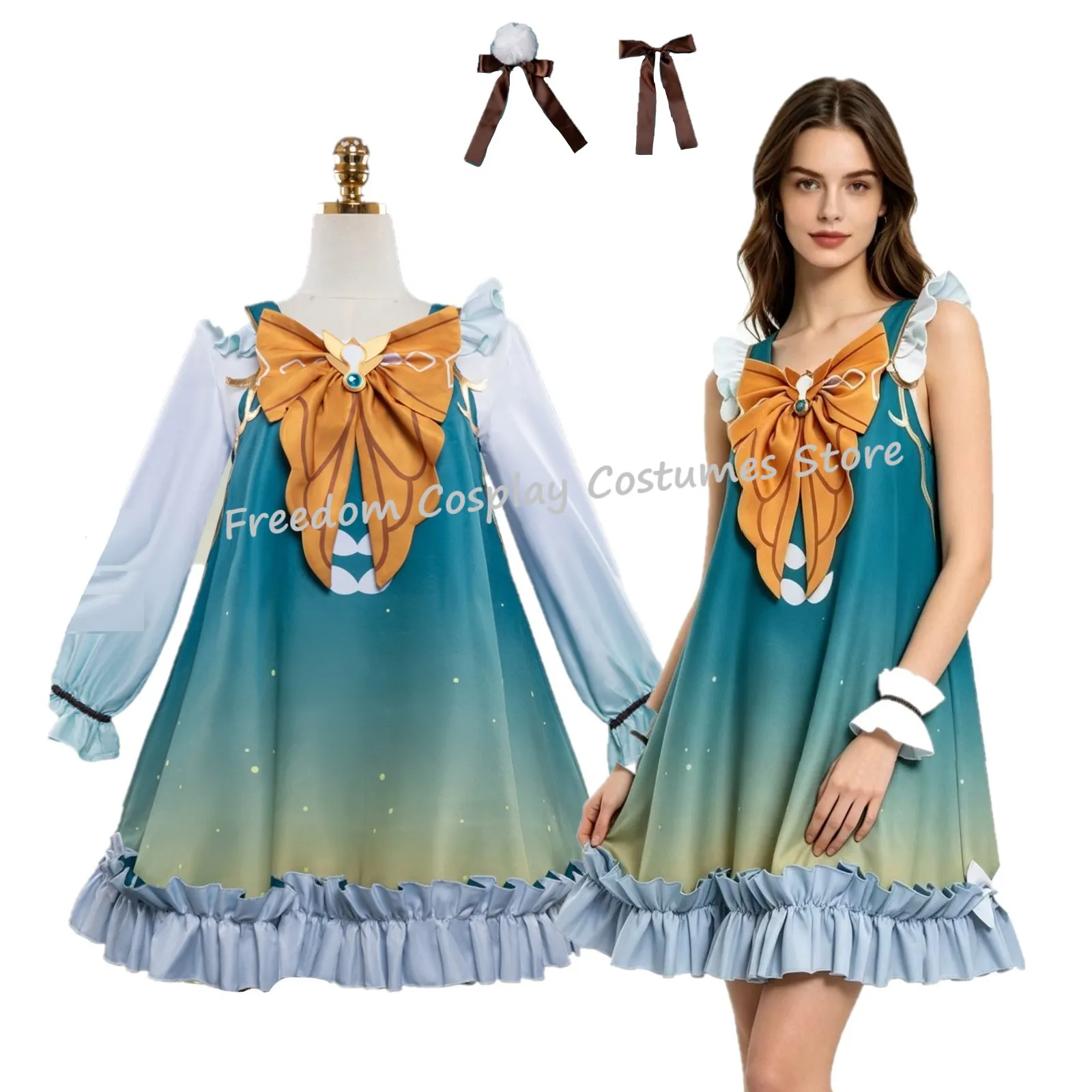 Game Honkai: Star Rail Firefly‌ Cosplay Costume Women Blue White Gradient Ruffle Skirt Loungewear Pajama Dress Halloween