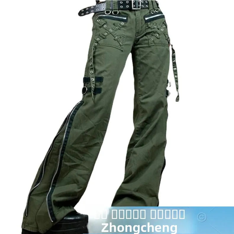 Cintura baixa zíper split punk sle bell bot calças de trabalho para mulheres calças casuais fiel e não conformista