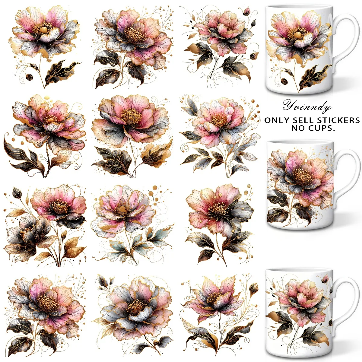 12 Stück/Set Attraktive Blumen UV DTF DIY Transferaufkleber für DIY-Becher (Nur der Transferaufkleber ist enthalten)