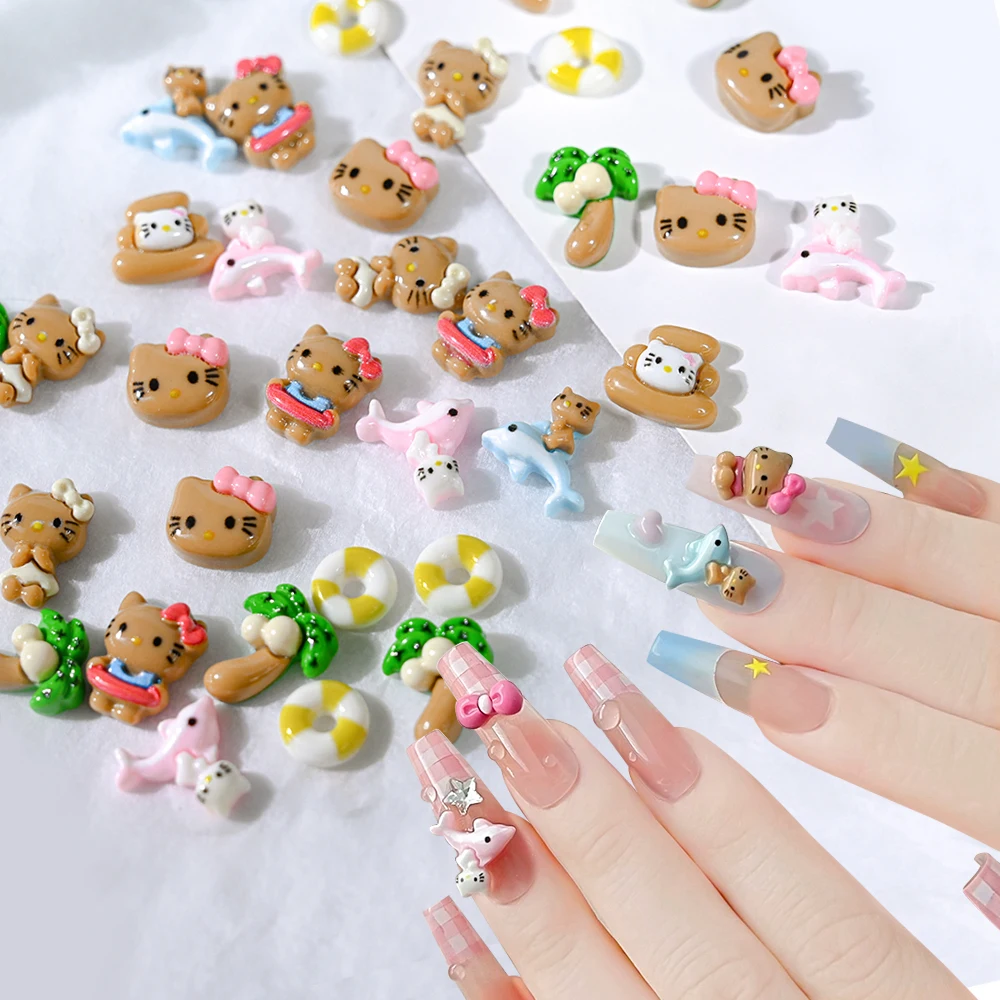 10pc/bag Hawaii Hello Kitty Colorful Nail Decoration Summer Wheat Skin Kitty Cat Nail Charms Dolphin Coconut Tree Manicure Acces