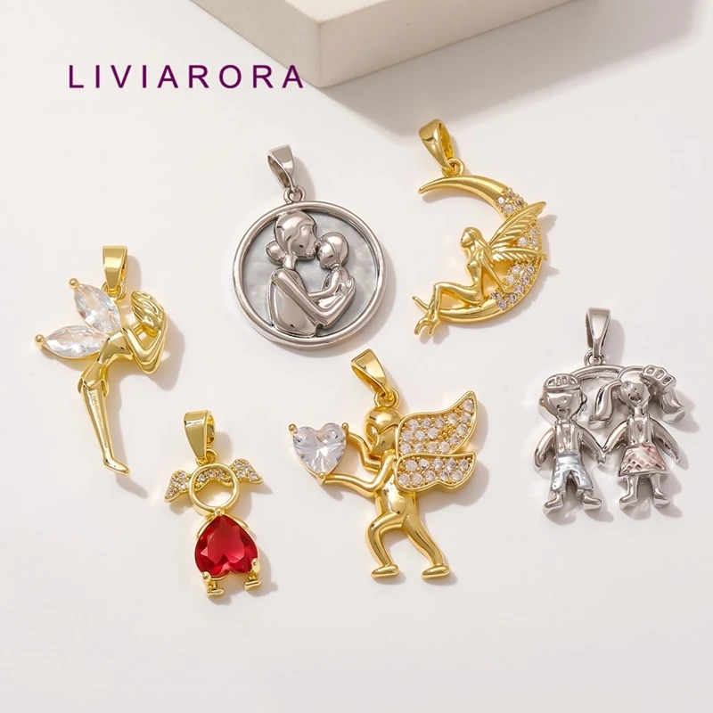 2Pcs 18K Gold Plated Angel Wing Fairy Moon Pendant CZ Siblings Mother Child Medallion Heart Charms For Family Jewelry Making