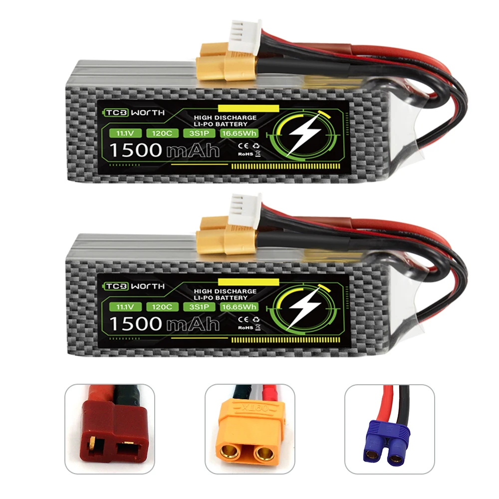 TCBWORTH 1500mAh 3S lipo Battery 120C 11.1v lipo Battery with EC5 Plug for RC Car Truck Tank RC Boat(2 Packs)