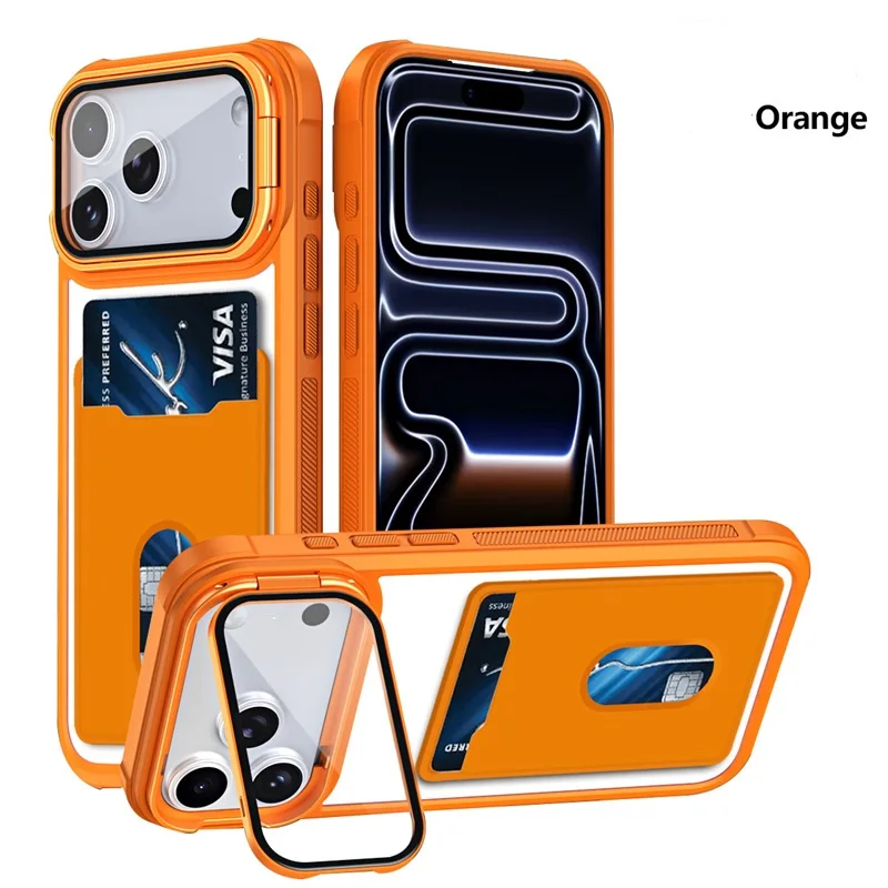 

Solid Color Back Card Slot Phone Case for iPhone Air 17 16 15 14 Plus 13 12 Pro Max with Lens Hide Stand