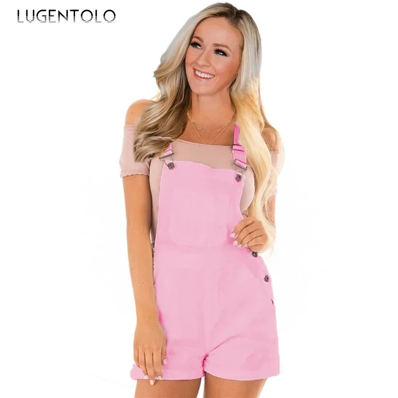 

Lugentolo Women Overalls Denim Rompers New Leisure Sports Solid Suspenders Washed Lady Casual Street Short Straight Leg Rompers