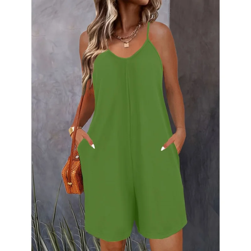 

European and American Summer New Women's Loose Fashion Solid Color Strap Pants Jumpsuit