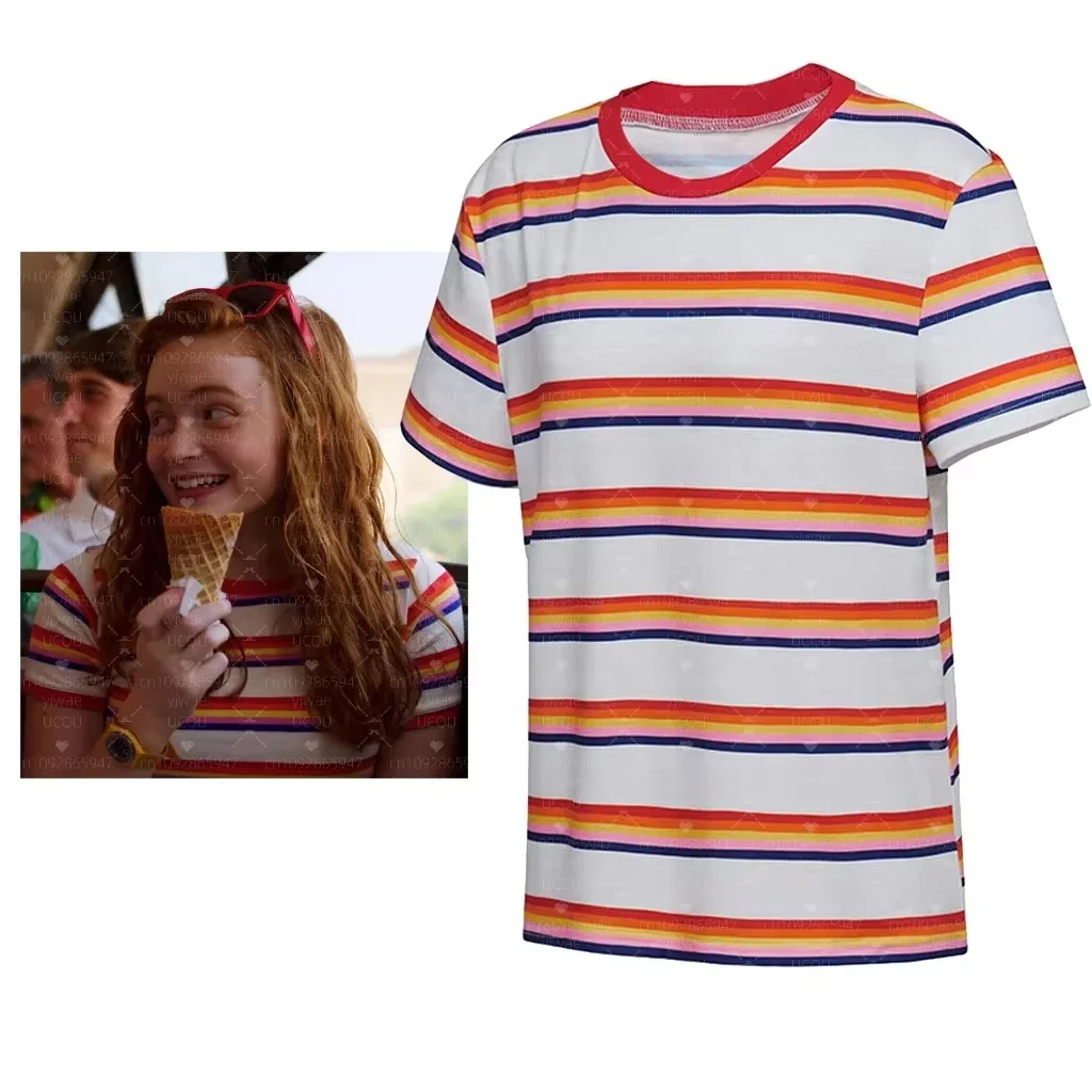 

2026 kids Max Mayfield Cosplay Costume Striped T-shirt Women girl Casual Coat Max Mayfield Colorful Striped T-shirt For women