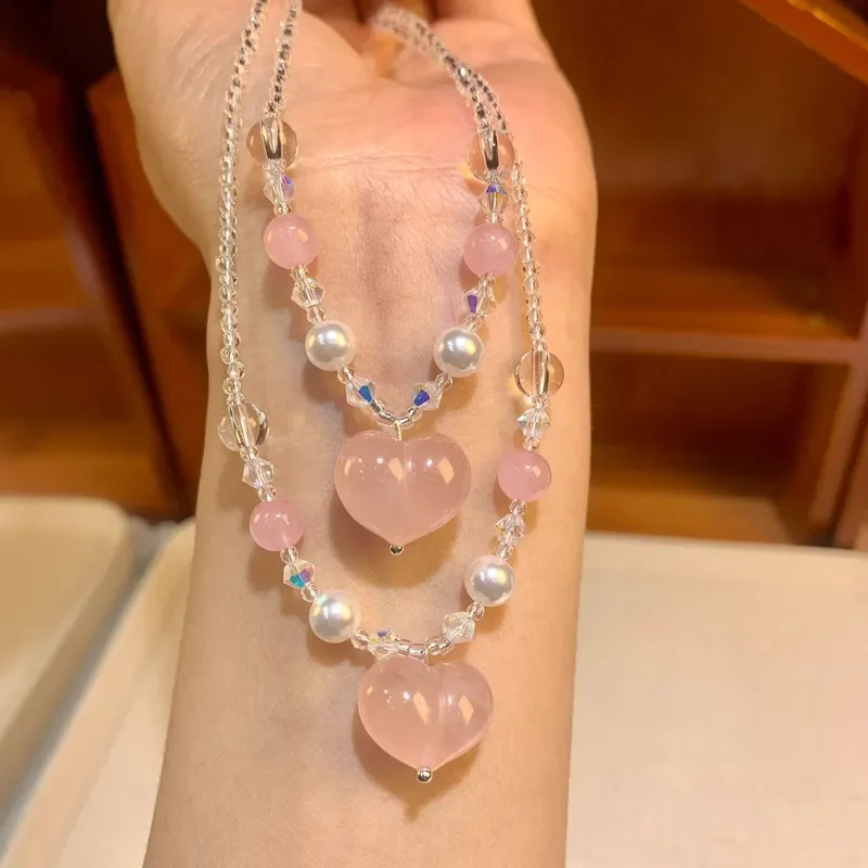 Crystal Necklace Powder Crystal Love Fart Pendant Clavicle Chain Light Luxury Versatile Three-dimensional Powder Crystal Neck
