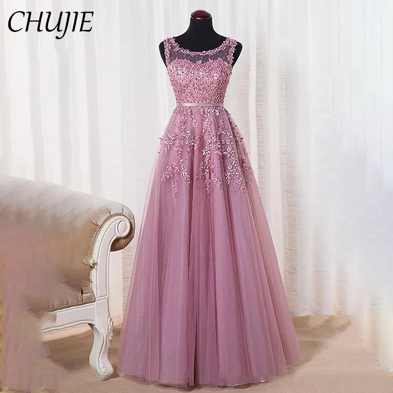 

CHUJIE Dusty Rose Women Prom Dress Luxury Applique Evening Dresses A Line Summer Beach Wedding Party Gowns Robe vestido de noche