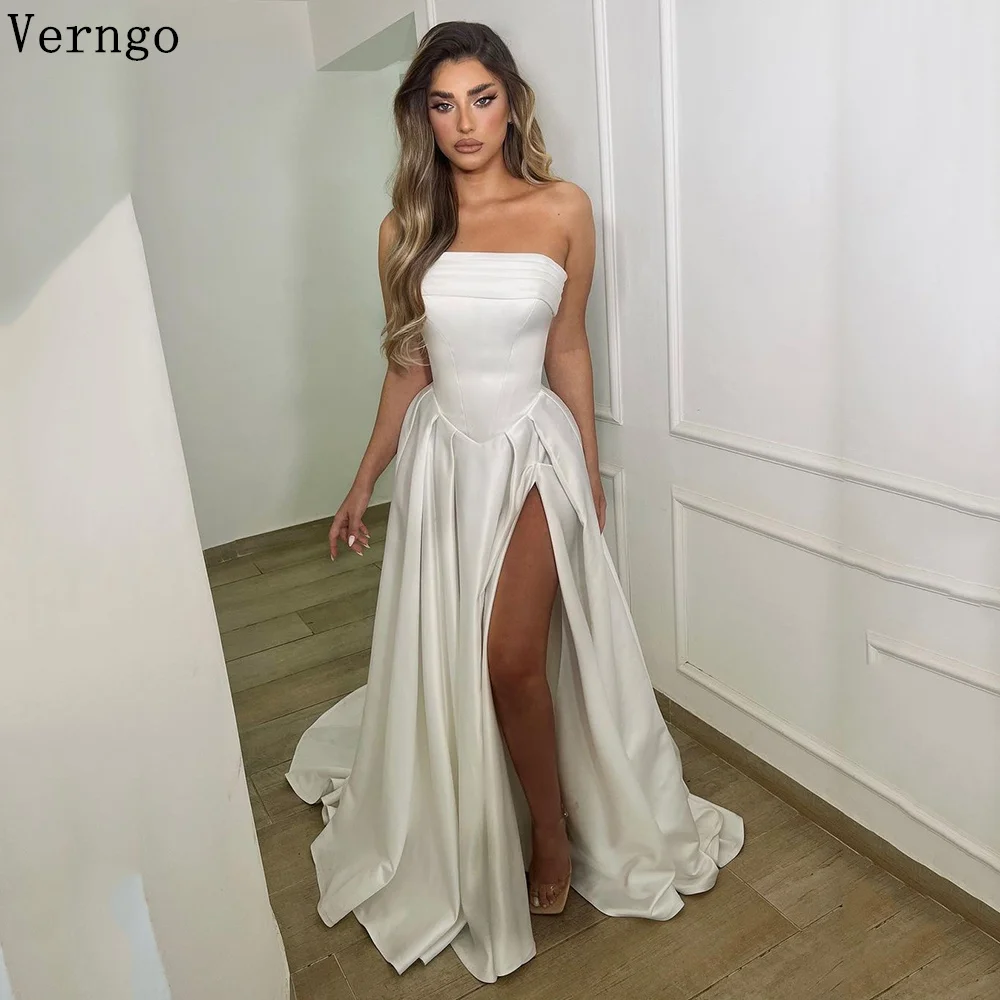 

Verngo Satin Strapless Wedding Dress A Line Side Slit Sweap Train Bridal Gowns Women Simple Classy Maxi Bride Dresses