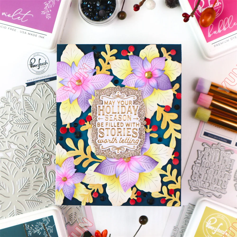 

New Pink Fresh Christmas Tied with Cheer Dies Stamps Stencils Hot Foil Bundle Once upon a Holiday Box Frame Die DIY Scrapbooking