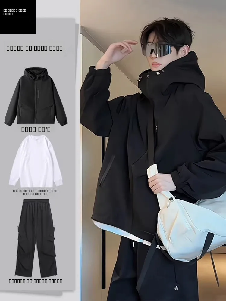 

Double-Sided Wear Waterproof Climbing Jaet Set with Hat for Men Cool And Haome Youthful Sle Stand Fit Spor Scene