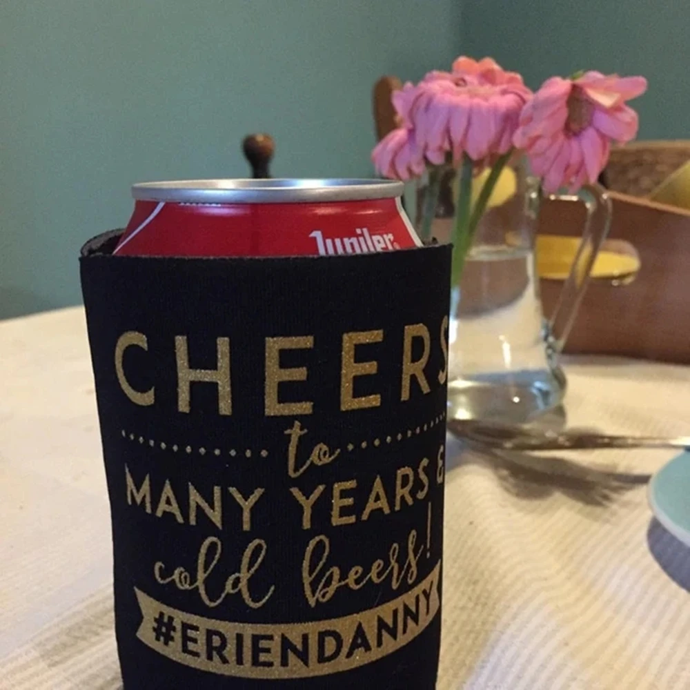 Cheers to Many Years - Custom Wedding Can Cooler,Personalized Wedding Favors, Funny Beverage Insulators, Beer Huggers,Can Holder