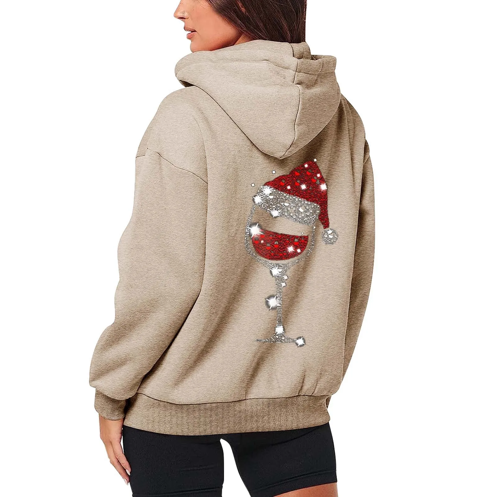 

Ladies Wine Glass Hat Printed Sweatshirt Women Christmas Fashion Hoodie Autumn Winter Long-Sleeved Zipper Hooded Cardigan Coats