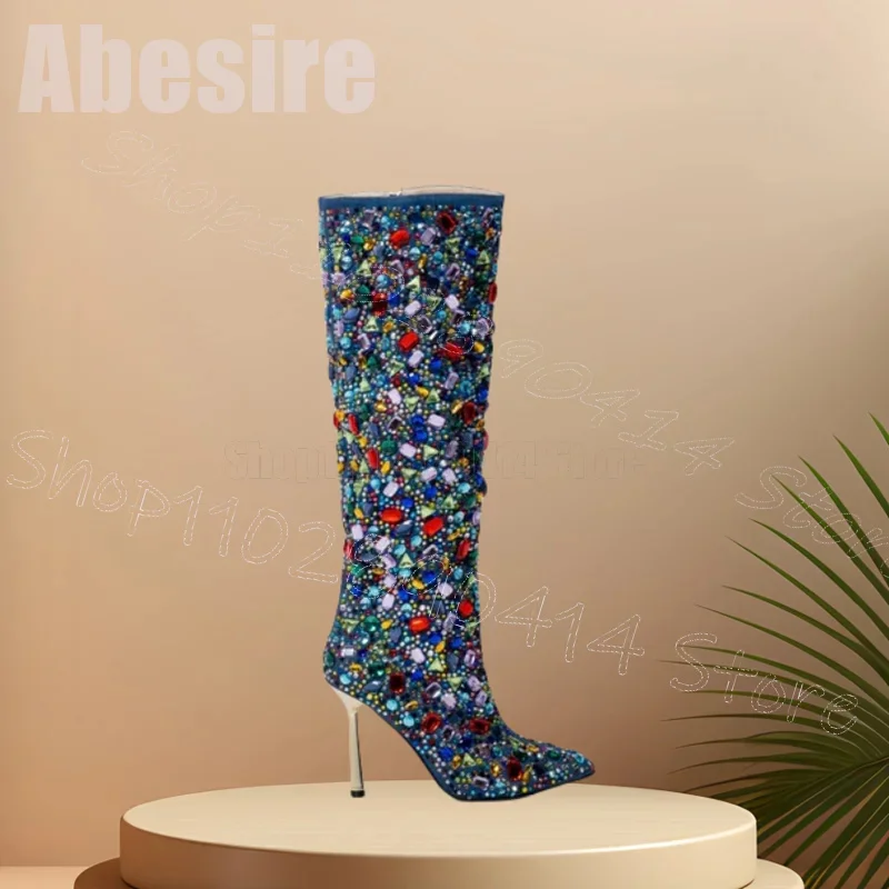Kolorowe Kryształowe Botki z Ozdobnym Szpiczastym Noskiem, Zapinane na Zamek z Boku, Damskie Cienkie Szpilki na Imprezę Bankietową 2025 Zapatos Para Mujere