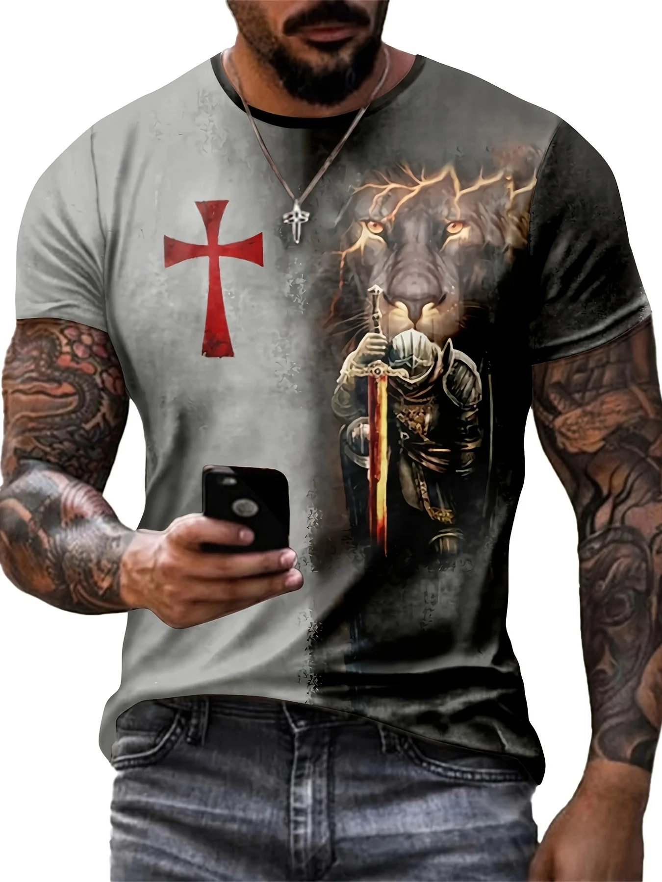 2026 new hot selling men's breathable soft quick drying knight lion print 3D color gradient hip-hop casual round neck T-shirt