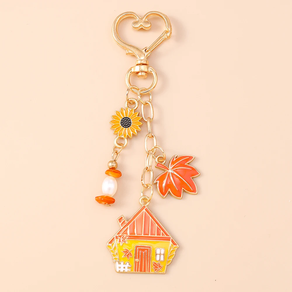 Cute Enamel Maple Leaf Flower Keychain Women Girls Mushroom Pumpkin Key Ring Pendants for Handbag Decor DIY Jewelry Gifts